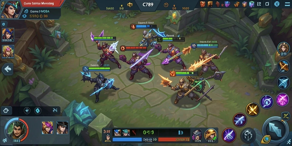 Screenshot gameplay C789 menampilkan pertarungan seru antar karakter MOBA.