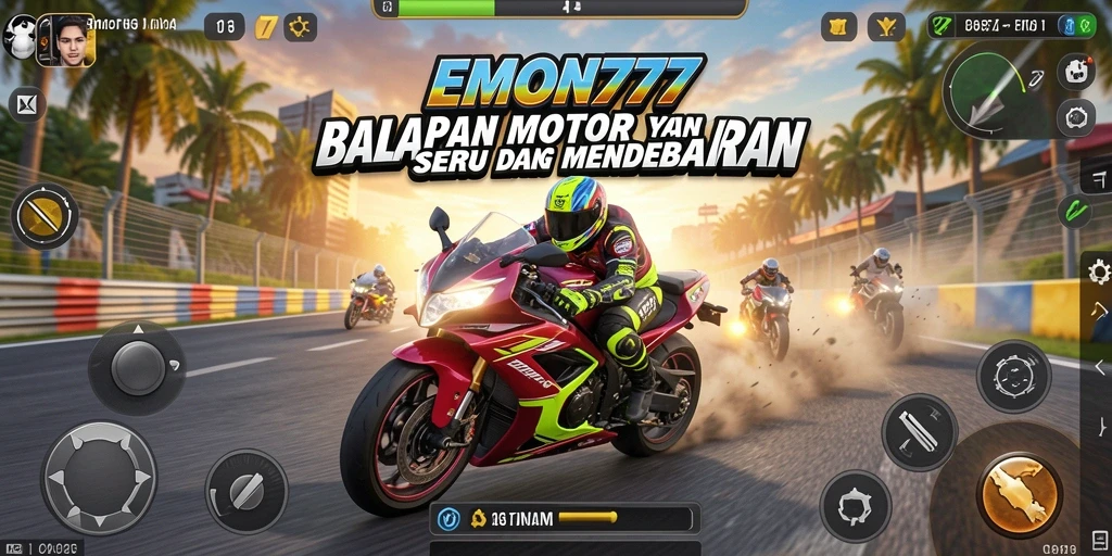Tampilan gameplay seru di EMON777 dengan balapan motor yang mendebarkan.