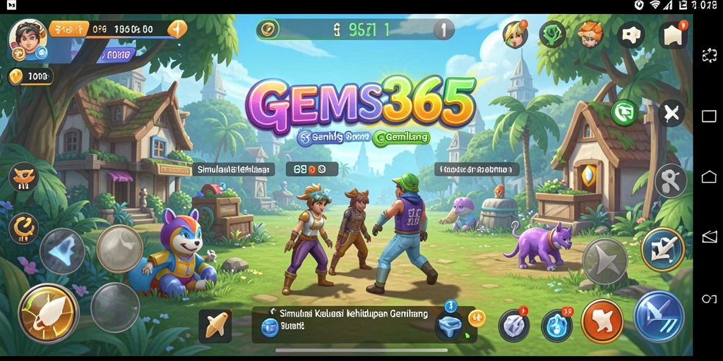 Screenshot utama GEMS365 menunjukkan karakter dalam dunia simulasi yang hidup.