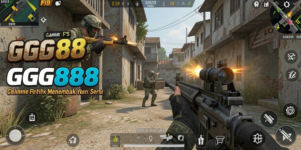Screenshot utama GGG888 menunjukkan aksi tembak-menembak yang mendebarkan.