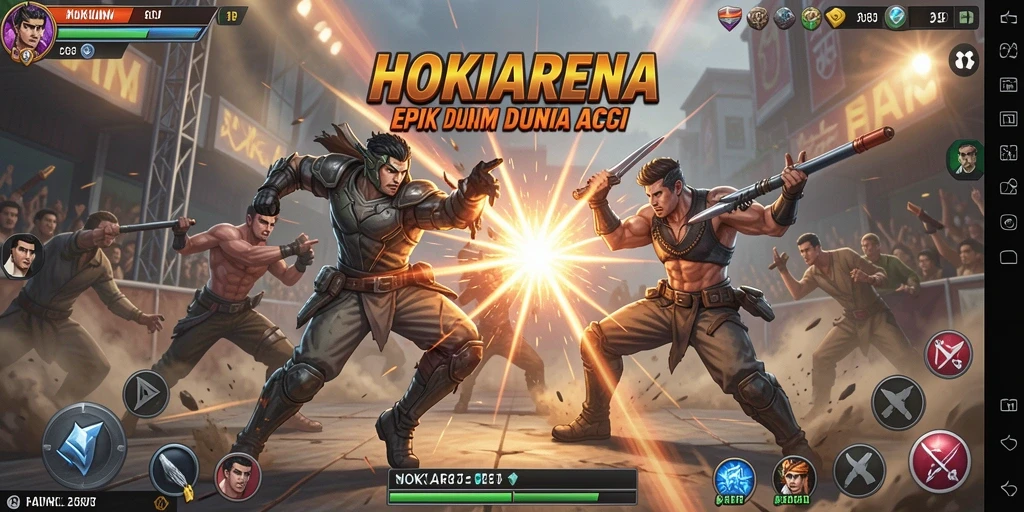 Tangkapan layar HOKIARENA menampilkan pertarungan seru antara karakter di arena.
