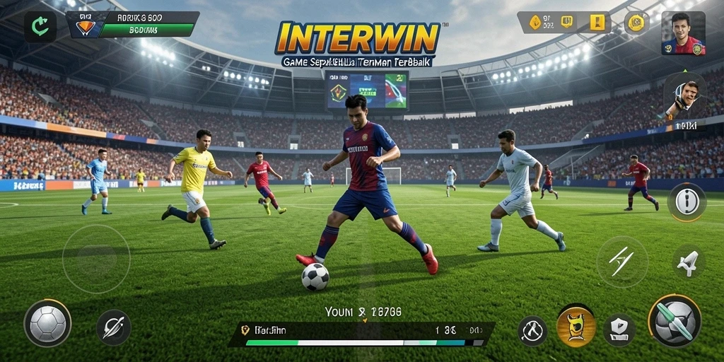 Screenshot gameplay INTERWIN menunjukkan aksi seru di lapangan sepak bola.