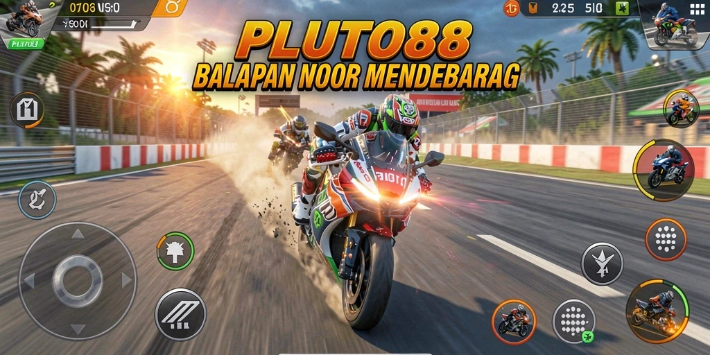 Tampilan gameplay seru dengan motor berkecepatan tinggi di trek balap.