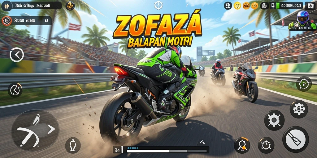 Gameplay ZOFAZA yang memukau di trek balapan motor.